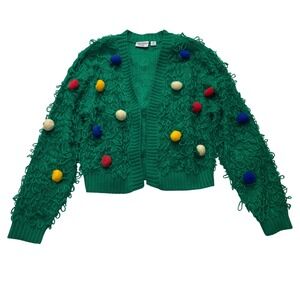 Mighty Fine Green Knit Pom Pom Cardigan Sweater Small Open Front Ugly Christmas